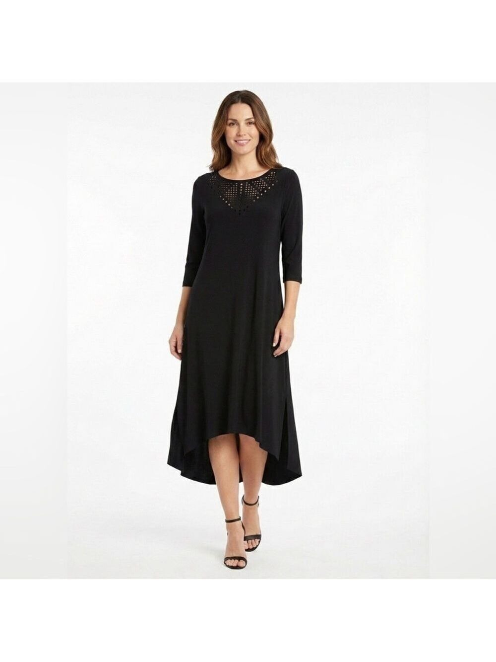 SYMPLI Black Midi Dress Hi-Lo Hem 3/4 Sleeves Laser Cut Bodice Detail US SZ 6